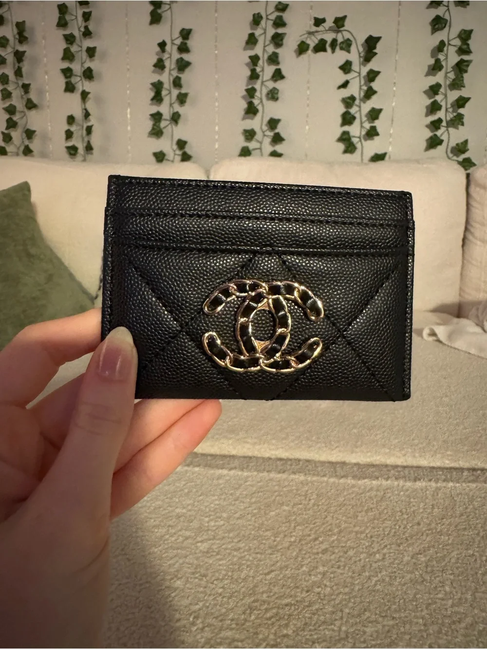 Black Quilted Card Holder with Gold Logo